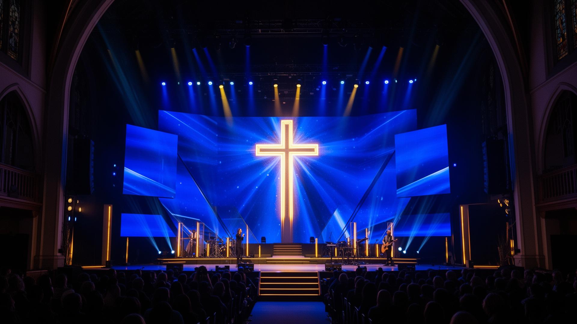 Palco de igreja com projeção cinematográfica